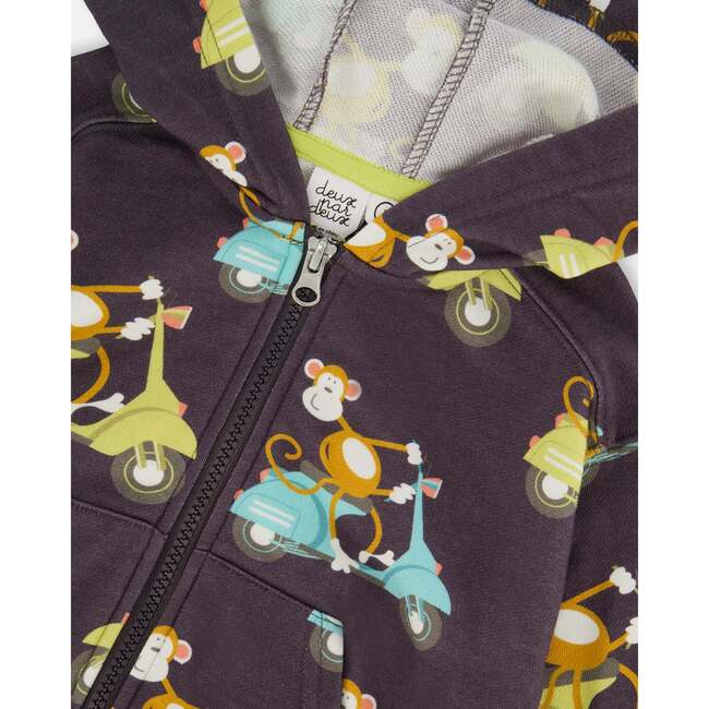 French Terry Hooded Full Zip Cardigan Sweatshirt, Monkey On Navy Moped - Sweatshirts - 6