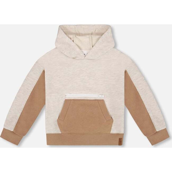 French Terry Color Block Pullover Hoodie Sweatshirt, Beige And Off-White