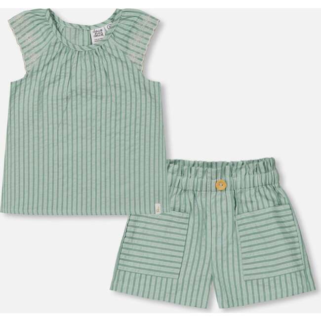 Chambray Blouse And Short Set, Mint Green Striped