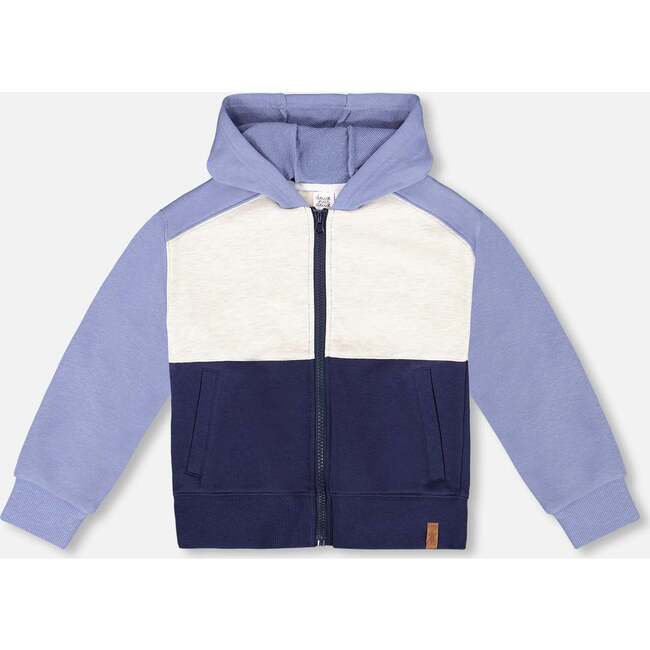 French Terry Color Block Full Zip Hoodie Sweatshirt, Blue, Navy And Cream