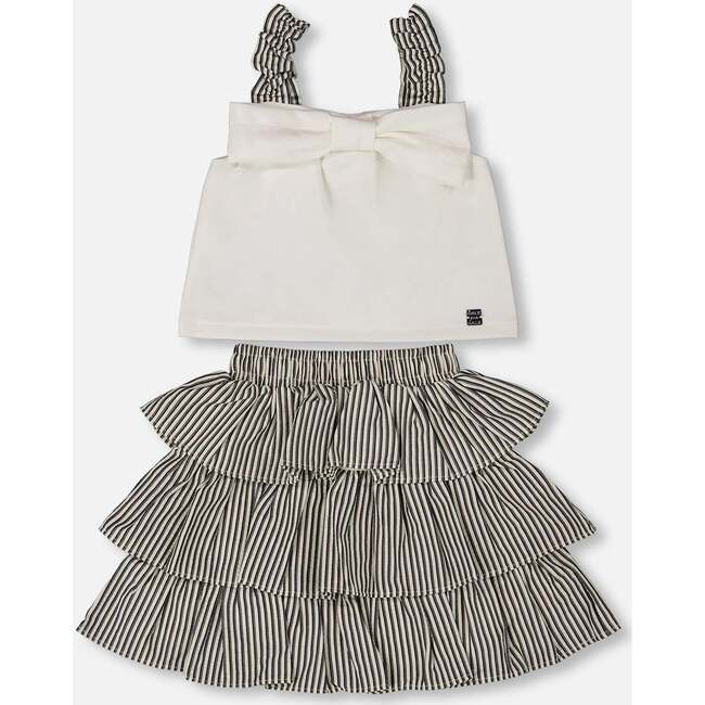 Bow Top And Ruffled Skirt Set, White And Black Striped