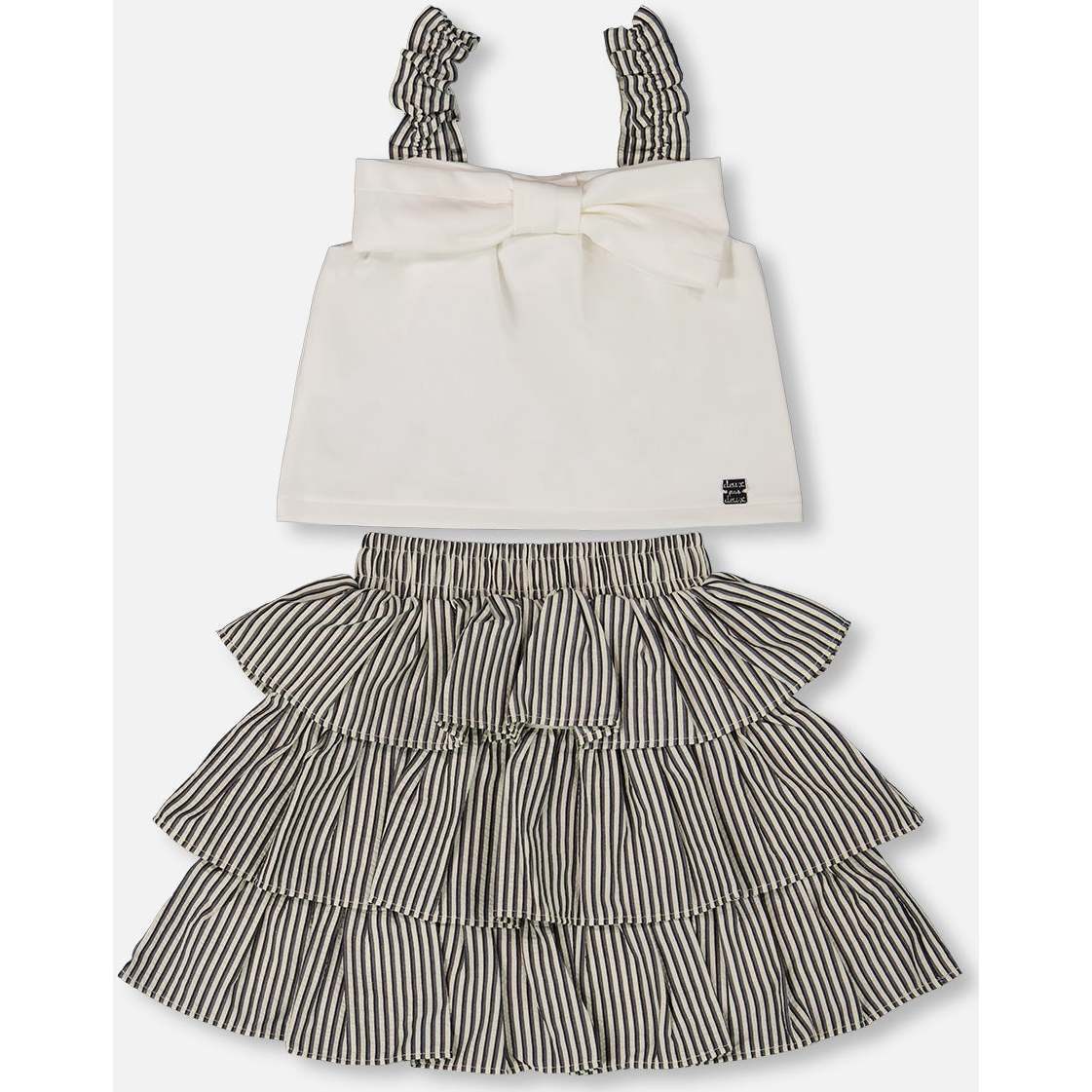 Bow Top And Ruffled Skirt Set, White And Black Striped - Dresses - 1