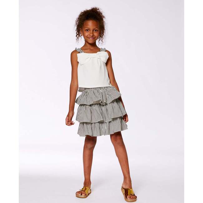 Bow Top And Ruffled Skirt Set, White And Black Striped - Dresses - 2