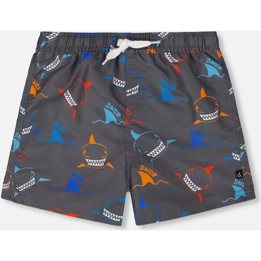 Boardshorts, Orange, Red, And Blue Sharks On Gray - Swim Trunks - 1