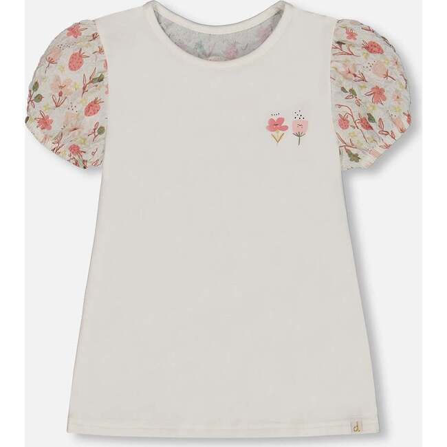 Bi-Material Organic Cotton Top With Puff Sleeve, Pink Flowers On Cream Background