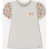 Bi-Material Organic Cotton Top With Puff Sleeve, Pink Flowers On Cream Background - T-Shirts - 1 - thumbnail