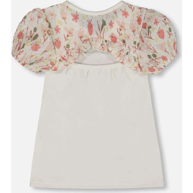Bi-Material Organic Cotton Top With Puff Sleeve, Pink Flowers On Cream Background - T-Shirts - 3