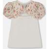 Bi-Material Organic Cotton Top With Puff Sleeve, Pink Flowers On Cream Background - T-Shirts - 3