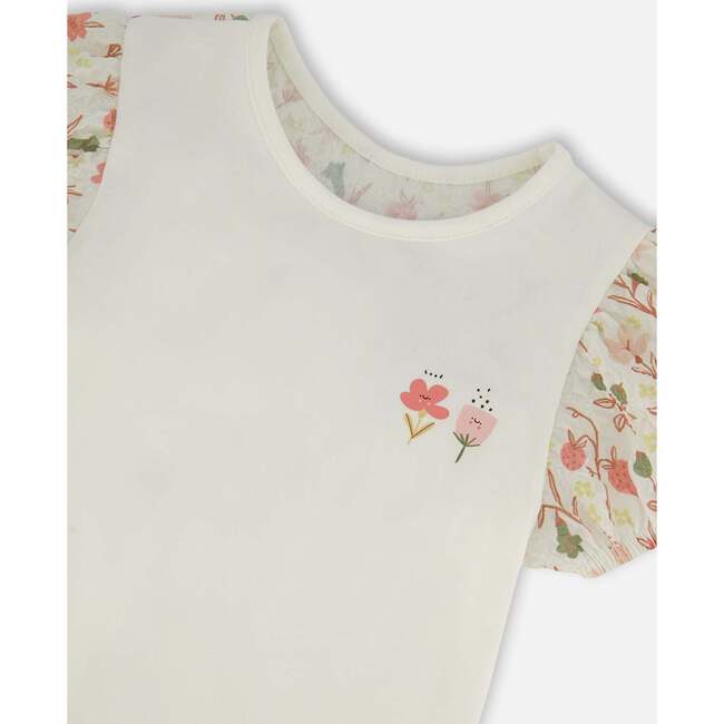 Bi-Material Organic Cotton Top With Puff Sleeve, Pink Flowers On Cream Background - T-Shirts - 4