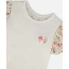 Bi-Material Organic Cotton Top With Puff Sleeve, Pink Flowers On Cream Background - T-Shirts - 4