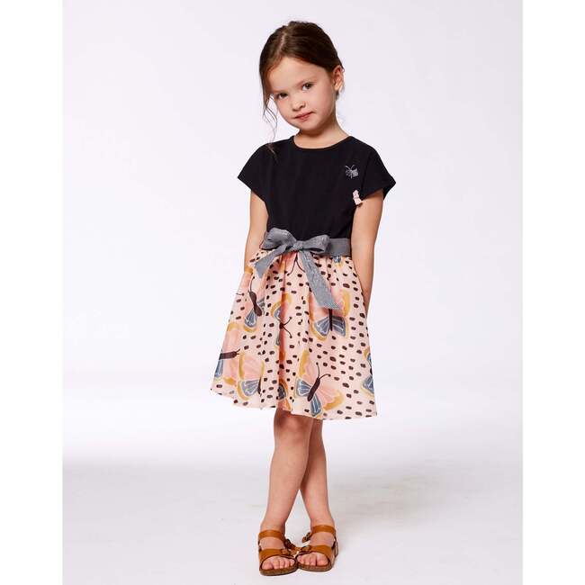 Bi-Material Dress With Skirt, Black, Pink, And Butterflies - Dresses - 2