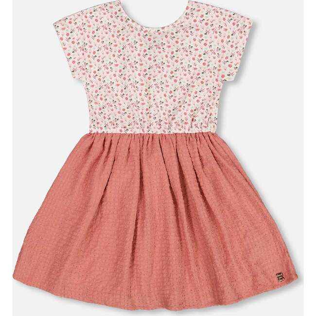 Bi-Material Dress With Top, Small Flowers And Pink