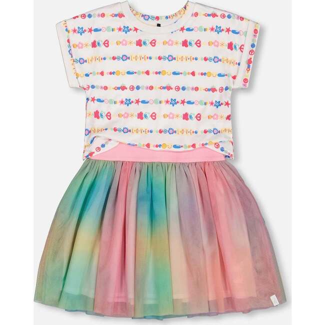 Bi-Material Dress With Mesh Skirt, Multicolored Tie Dye And White