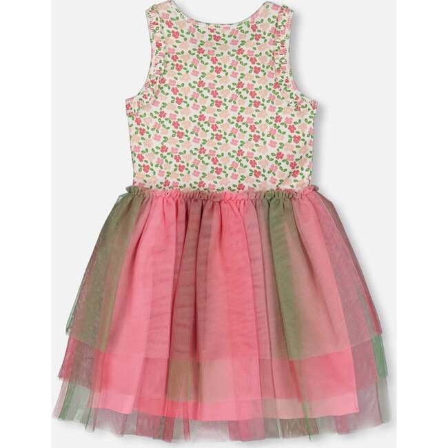 Bi-Material Cotton And Mesh Dress, Small Flowers And Multicolored - Dresses - 3