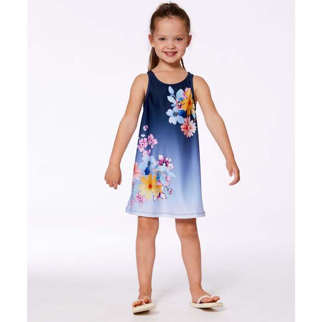 Beach Dress, Yellow, Pink Flowers On Navy Blue Background - Dresses - 2