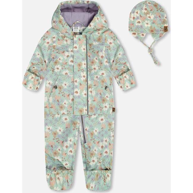 Baby Mid-Season One-Piece Outerwear With Hat, Small White Flowers On Turquoise And Lilac