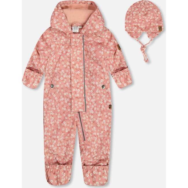 Baby Mid-Season One-Piece Outerwear With Hat, Small White Flowers On Pale Pink