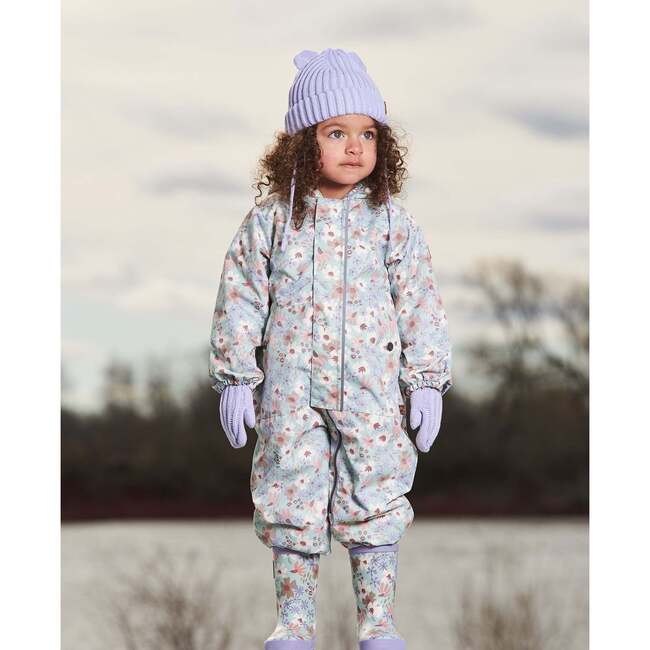 Baby Mid-Season One-Piece Outerwear With Hat, Small White Flowers On Turquoise And Lilac - Jackets - 2