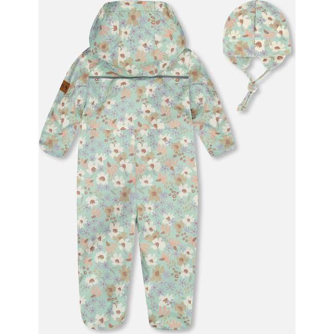 Baby Mid-Season One-Piece Outerwear With Hat, Small White Flowers On Turquoise And Lilac - Jackets - 3