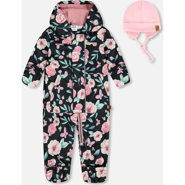 Baby Mid-Season One-Piece Outerwear With Hat, Pink, Black, And Flowers