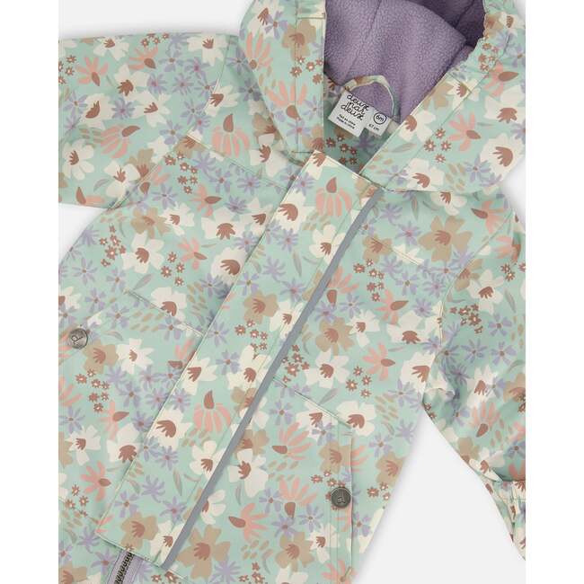 Baby Mid-Season One-Piece Outerwear With Hat, Small White Flowers On Turquoise And Lilac - Jackets - 4