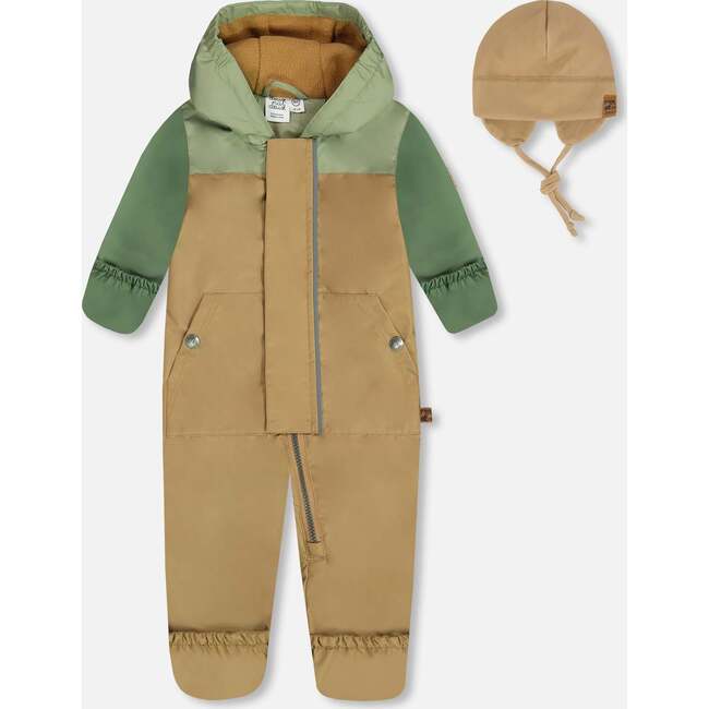 Baby Mid-Season One-Piece Outerwear With Hat, Pale Green, Sage, And Tan