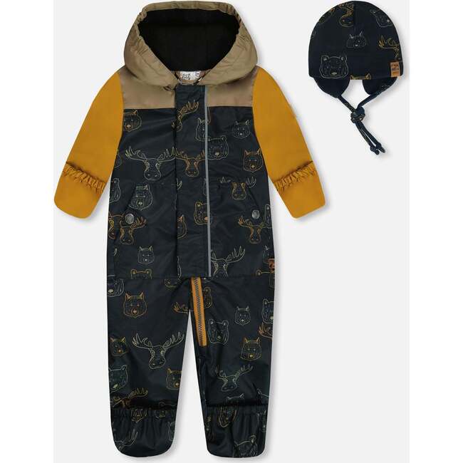 Baby Mid-Season One-Piece Outerwear With Hat, Beige Animals On Black Background - Jackets - 1