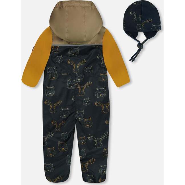 Baby Mid-Season One-Piece Outerwear With Hat, Beige Animals On Black Background - Jackets - 3