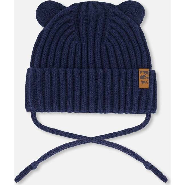 Baby Knit Hat With Strings, Navy Blue - Hats - 1