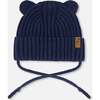 Baby Knit Hat With Strings, Navy Blue - Hats - 1 - thumbnail