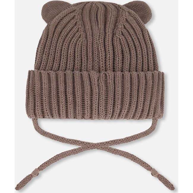 Baby Knit Hat With Strings, Taupe - Hats - 2