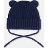 Baby Knit Hat With Strings, Navy Blue - Hats - 2