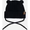 Baby Knit Hat With Strings, Black - Hats - 1 - thumbnail