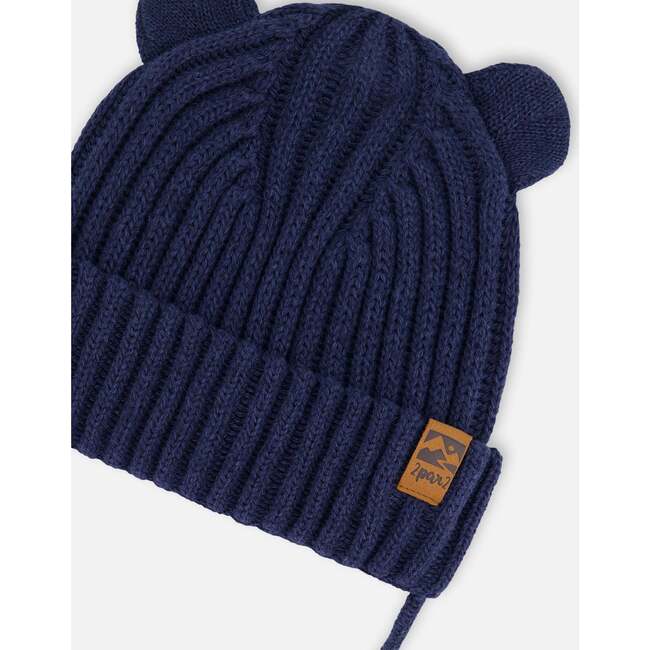 Baby Knit Hat With Strings, Navy Blue - Hats - 3