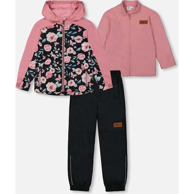 3-In-1 Mid-Season Outerwear Set With Jacket, Pink, Black, And Flowers