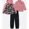 3-In-1 Mid-Season Outerwear Set With Jacket, Pink, Black, And Flowers - Raincoats - 1 - thumbnail