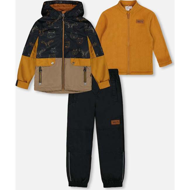 3-In-1 Mid-Season Outerwear Set With Jacket, Beige Animals On Black Background