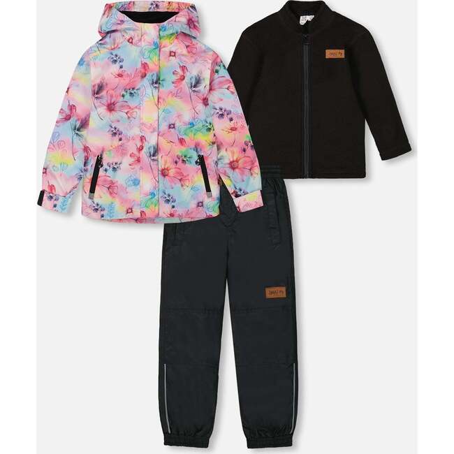 3-In-1 Mid-Season Outerwear Set With Jacket, Black And Multicolored Flowers