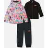 3-In-1 Mid-Season Outerwear Set With Jacket, Black And Multicolored Flowers - Raincoats - 1 - thumbnail