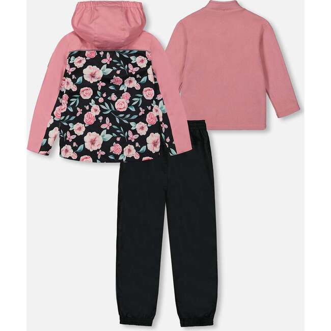 3-In-1 Mid-Season Outerwear Set With Jacket, Pink, Black, And Flowers - Raincoats - 3