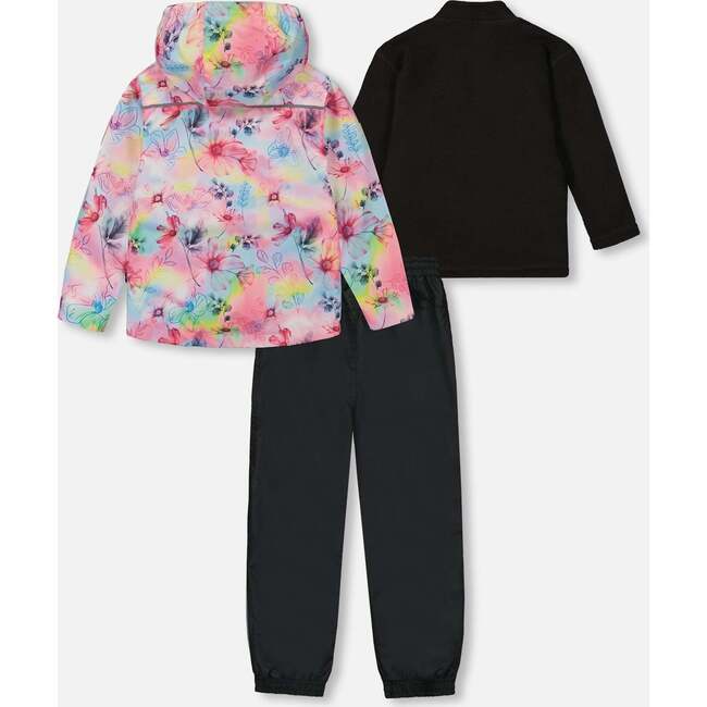 3-In-1 Mid-Season Outerwear Set With Jacket, Black And Multicolored Flowers - Raincoats - 3