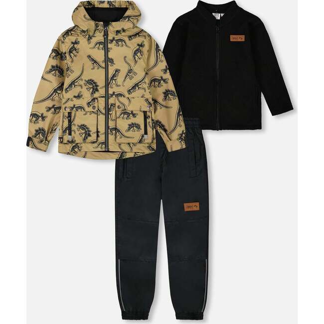 3-In-1 Mid-Season Outerwear Set, Black Dinosaur On Beige Background