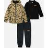 3-In-1 Mid-Season Outerwear Set, Black Dinosaur On Beige Background - Raincoats - 1 - thumbnail