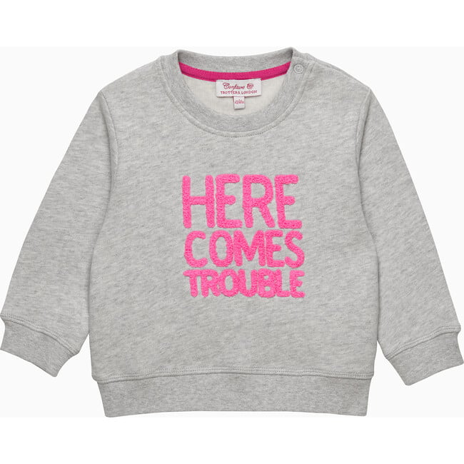 Little Here Comes Trouble Sweatshirt, Grey And Pink