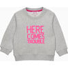 Little Here Comes Trouble Sweatshirt, Grey And Pink - Sweatshirts - 1 - thumbnail