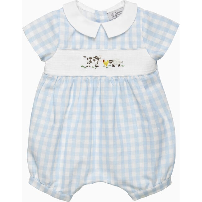 Little Farmyard Romper, Pale Blue Gingham