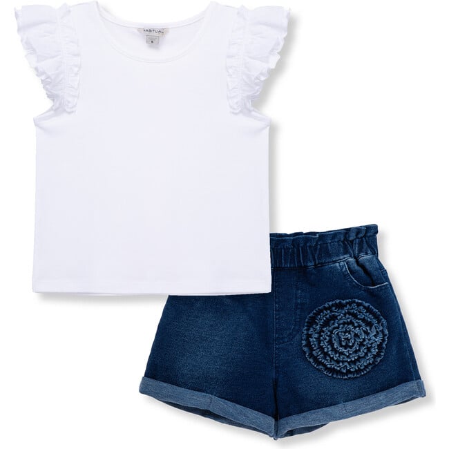 Ruffle Top & Rosette Denim Short Set, Indigo