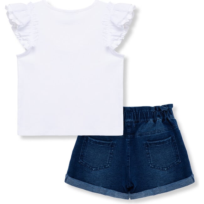 Ruffle Top & Rosette Denim Short Set, Indigo - Mixed Apparel Set - 2