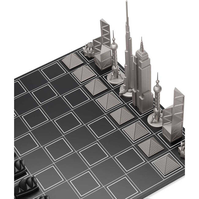 Chess Set Stainless Steel WORLD ICONS with Wooden Grid Board - Games - 1