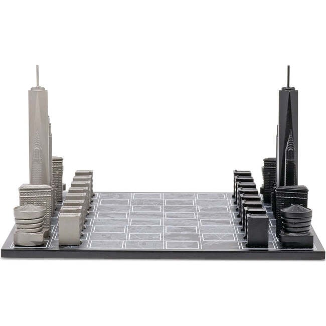 Chess Set Stainless Steel NEW YORK with Wood Map Board